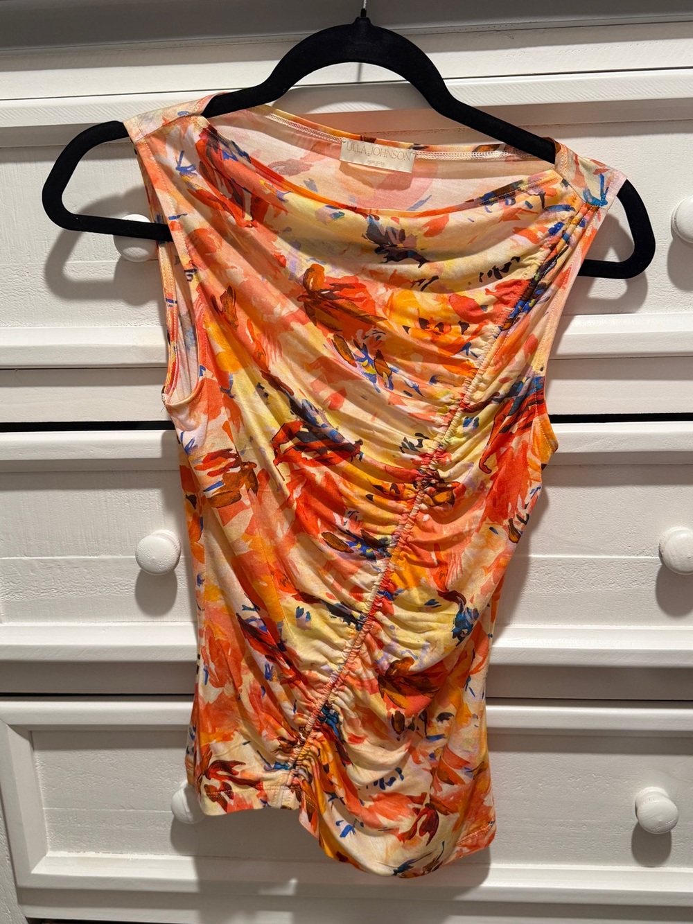 Ulla Johnson One-Shoulder Floral Ruched Shell - Orange, Yellow & Blue